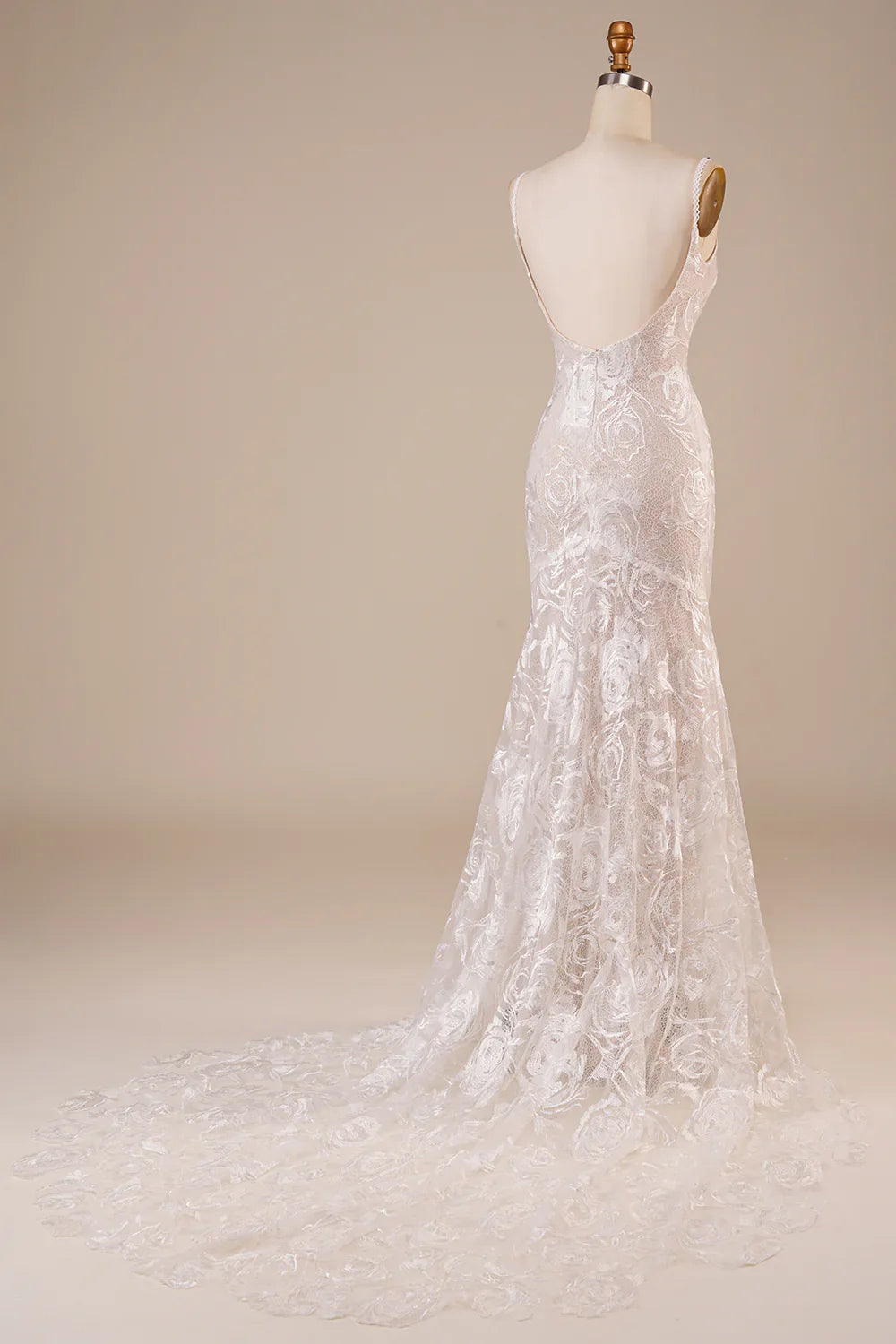 DingJiDress Backless Lace Ivory Wedding Dress with Sweep Train