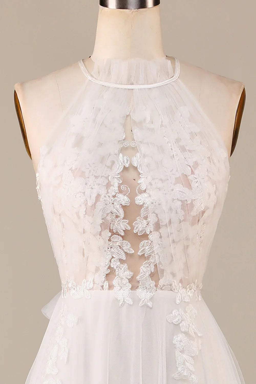 DingJiDress Charming A Line Halter Neck Ivory Open Back Tulle Sweep Train Wedding Dress with Lace
