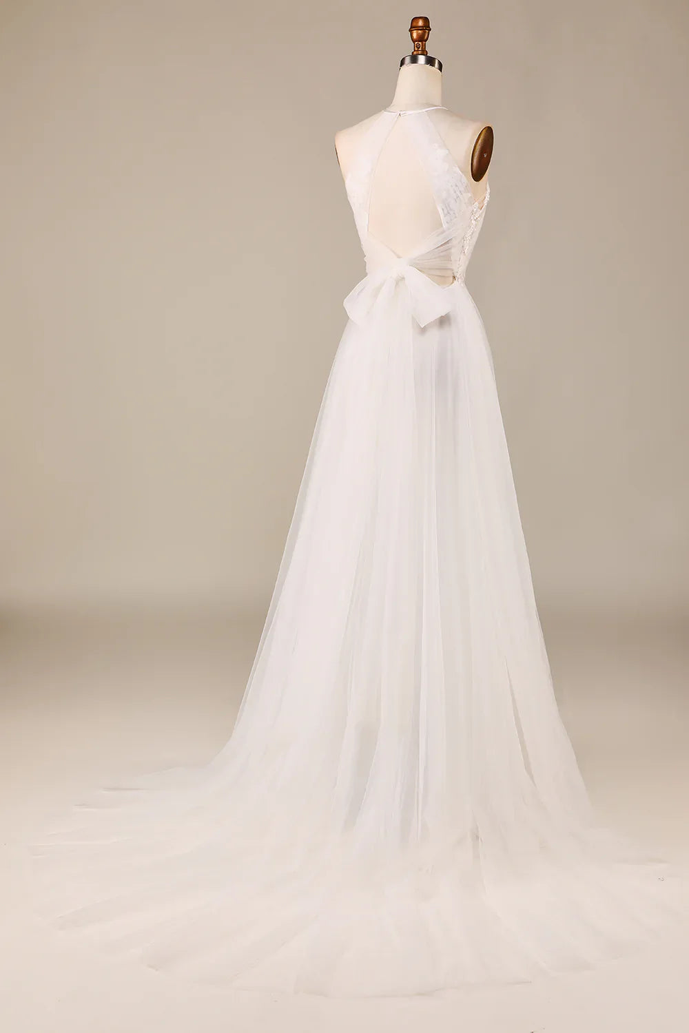 DingJiDress Charming A Line Halter Neck Ivory Open Back Tulle Sweep Train Wedding Dress with Lace