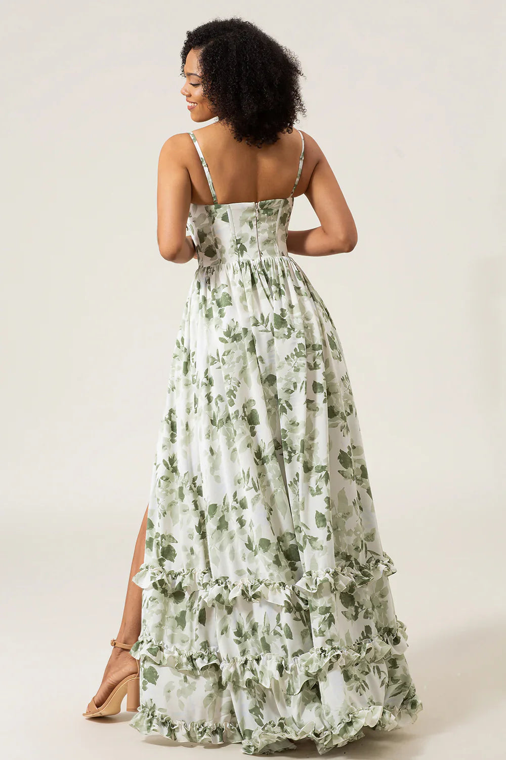 DingJiDress A-Line Wedding Guest Dresses Spaghetti Straps Printed Long Green Bridesmaid Dress With Slit Prom Dresses