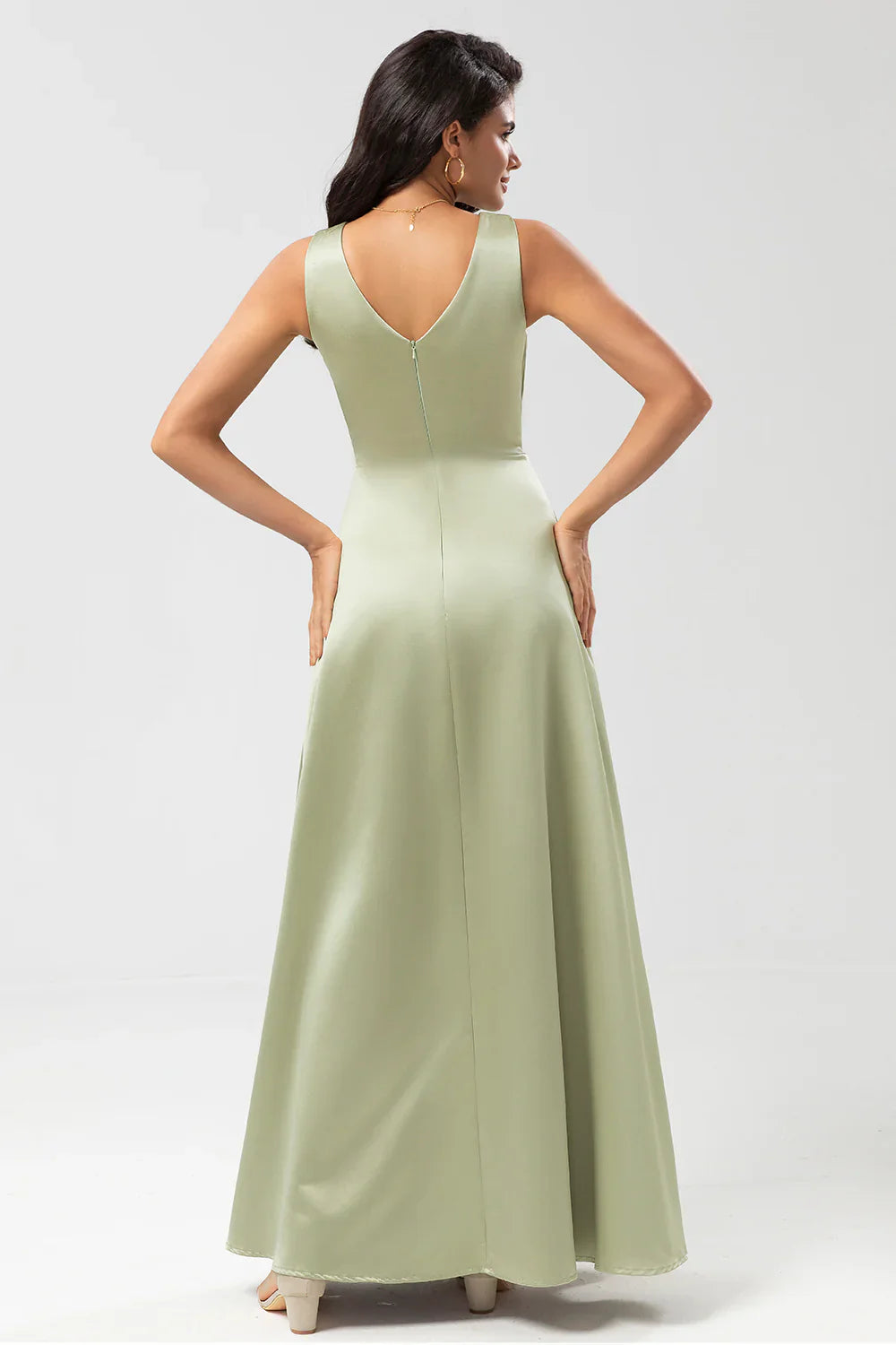 DingJiDress Elegant Dusty Sage A Line Prom Dresses Floor-Length Satin Bridesmaid Dress