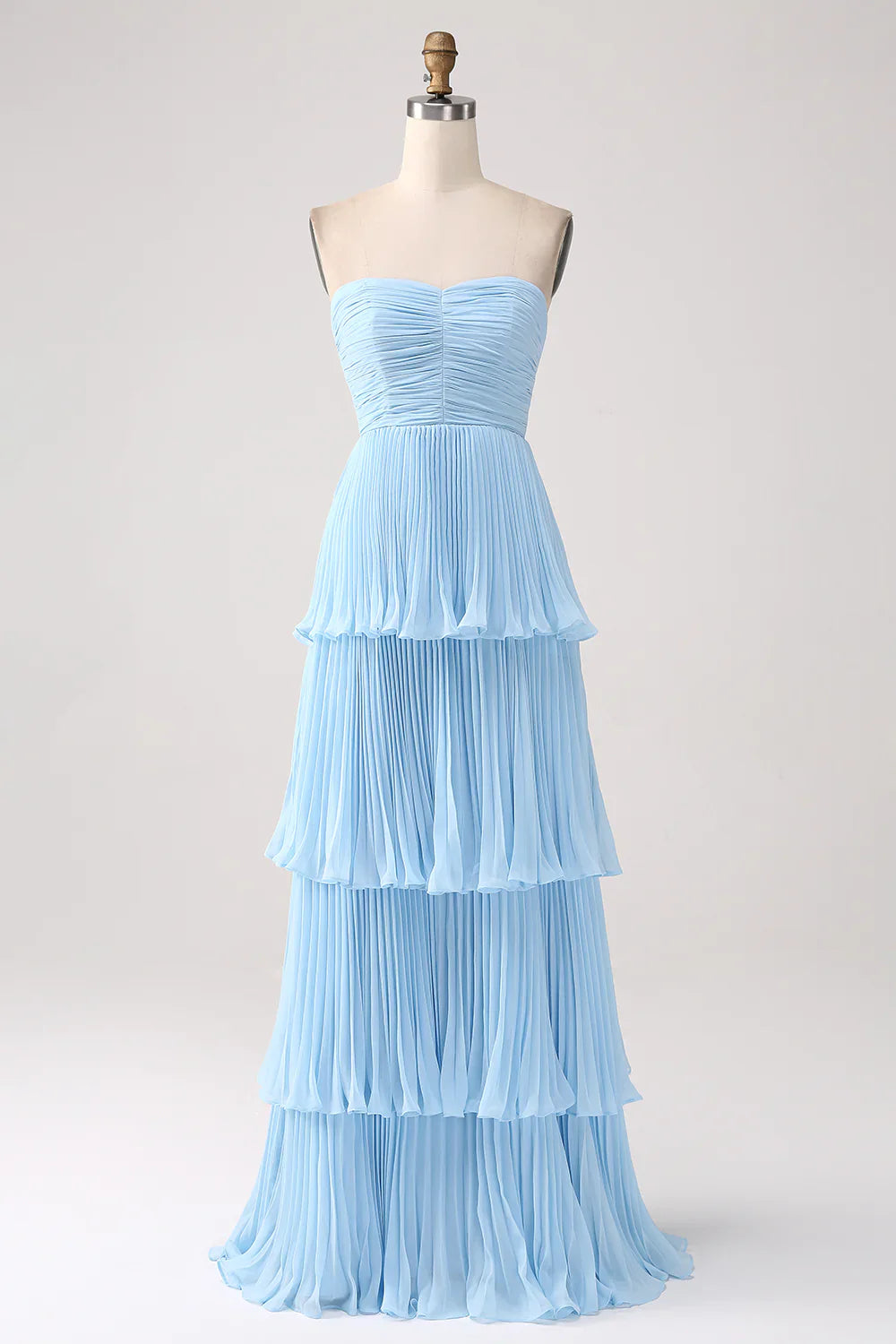 DingJiDress Sky Blue A-Line Wedding Guest Dresses Sweetheart Tiered Floor Length Chiffon Bridesmaid Dress