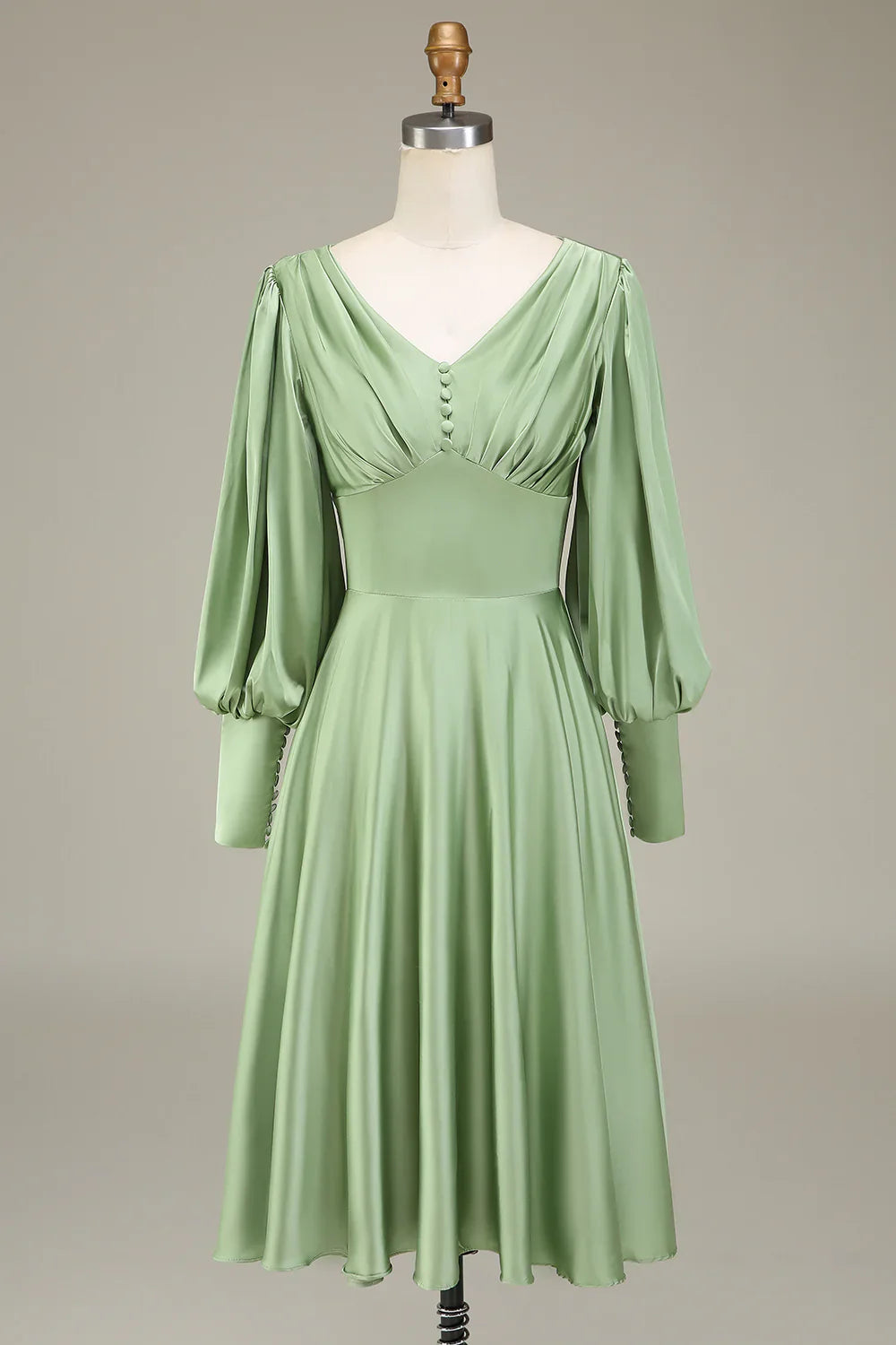 DingJiDress Matcha A-Line Prom Dresses V-Neck Midi-Length Bridesmaid Dress With Long Sleeves