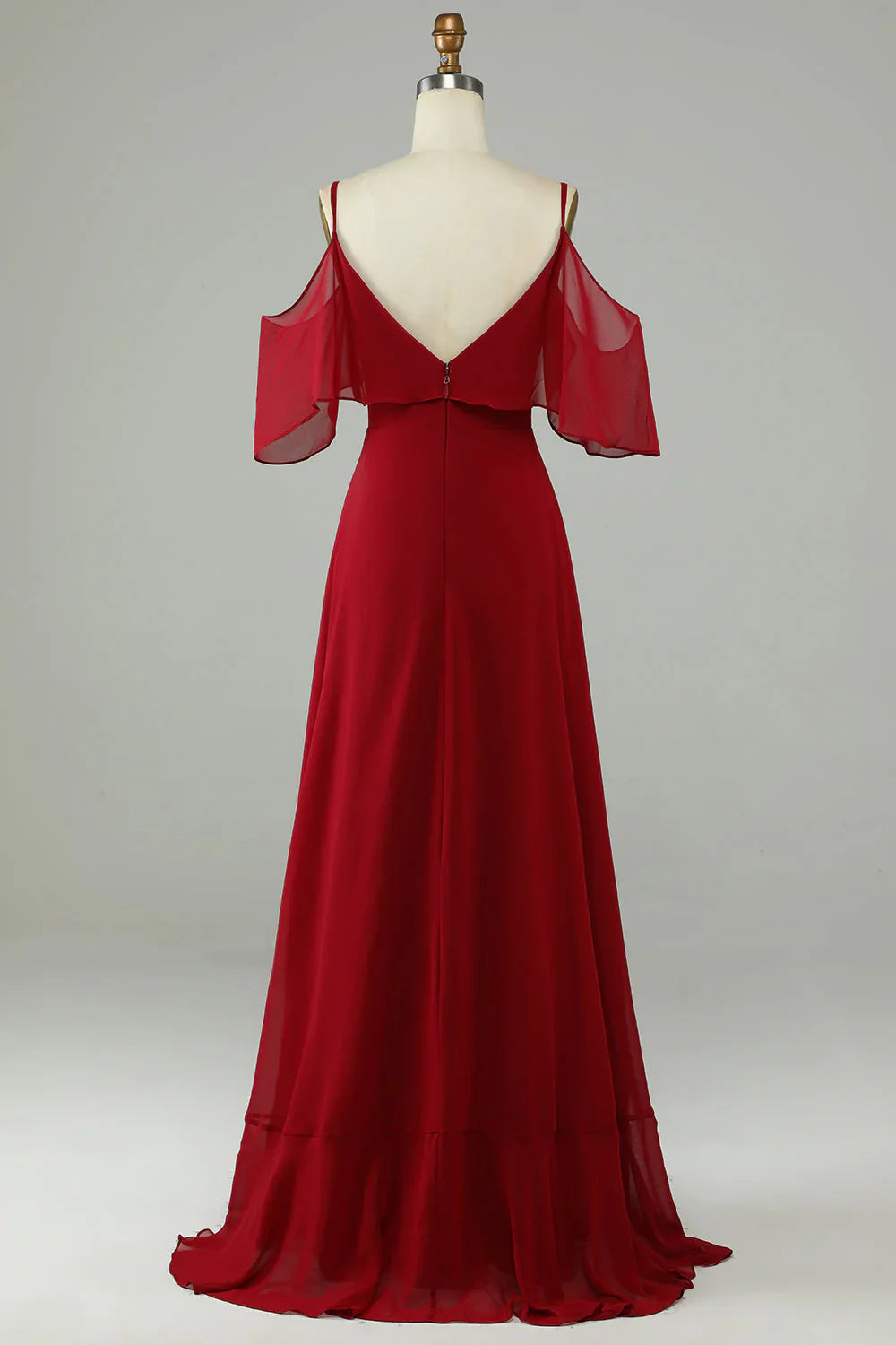 DingJiDress Burgundy Long Bridesmaid Dress Asymmetrical Cold Shoulder with Ruffles