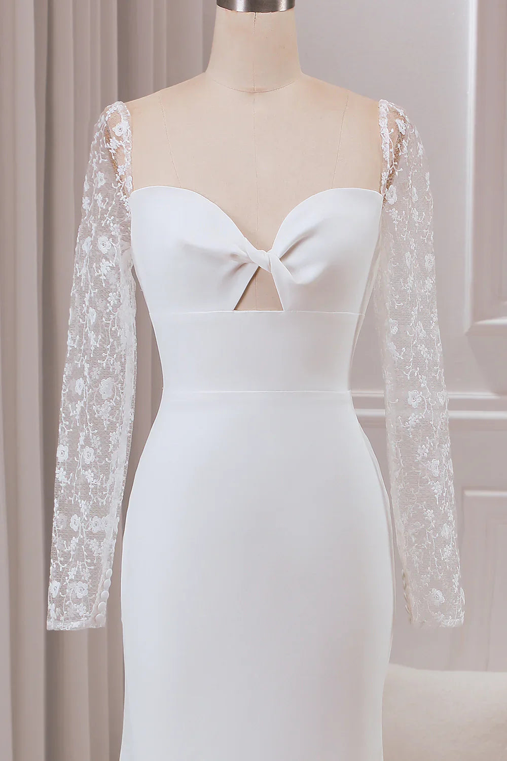 DingJiDress Ivory Trumpet Sweetheart Neck Satin Bridal Dress with Lace Long Sleeves