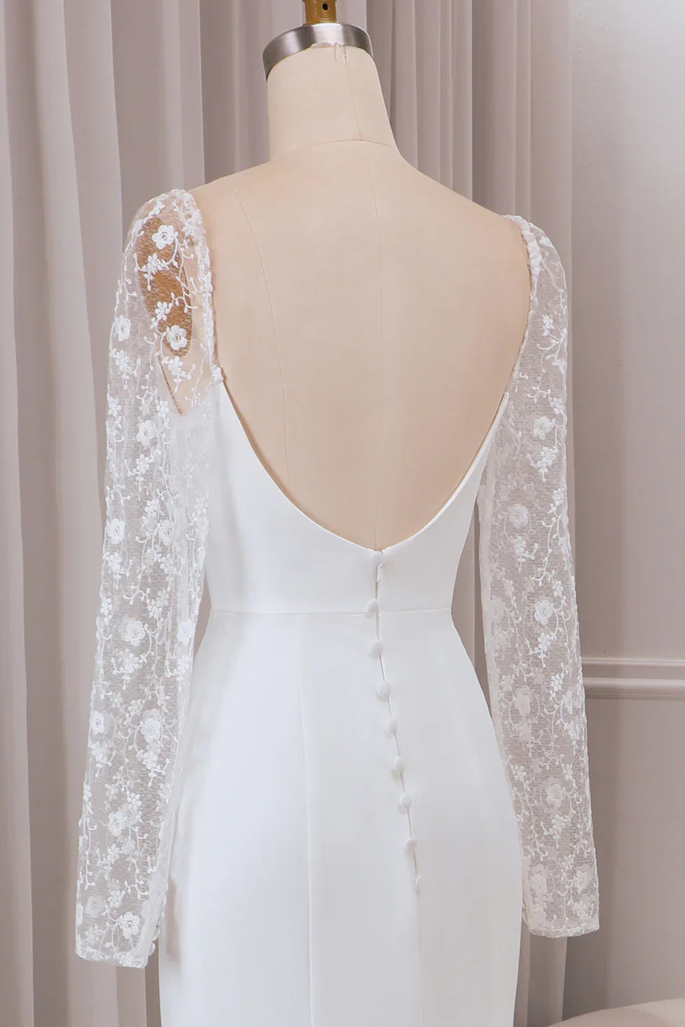DingJiDress Ivory Trumpet Sweetheart Neck Satin Bridal Dress with Lace Long Sleeves