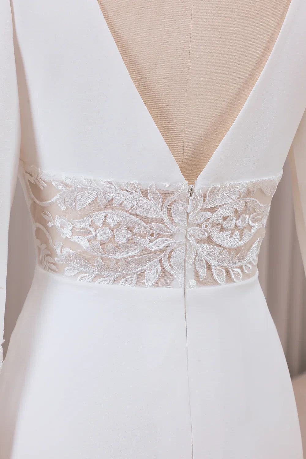 DingJiDress Ivory Deep V-neck Long Sleeves Crepe and Lace Mermaid Bridal Dress
