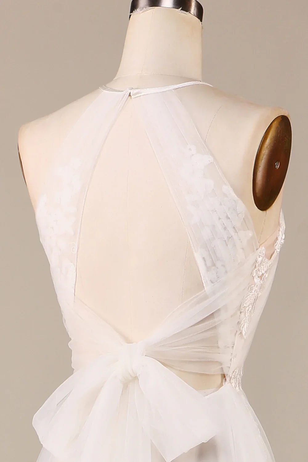 DingJiDress Charming A Line Halter Neck Ivory Open Back Tulle Sweep Train Wedding Dress with Lace