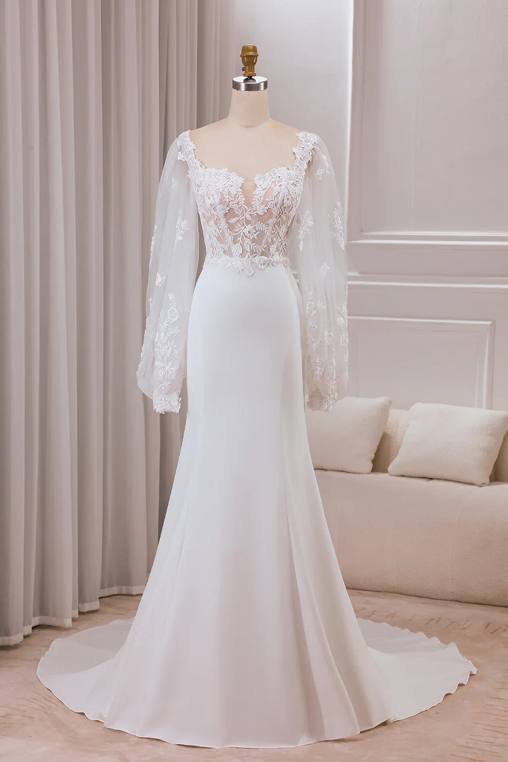 DingJiDress Ivory Trumpet Sweetheart Neck Satin Bridal Dress with Lace Long Sleeves