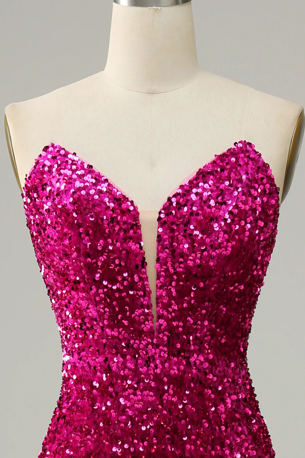 DingJiDress Hot Pink Strapless Sequin Prom Dress with Slit