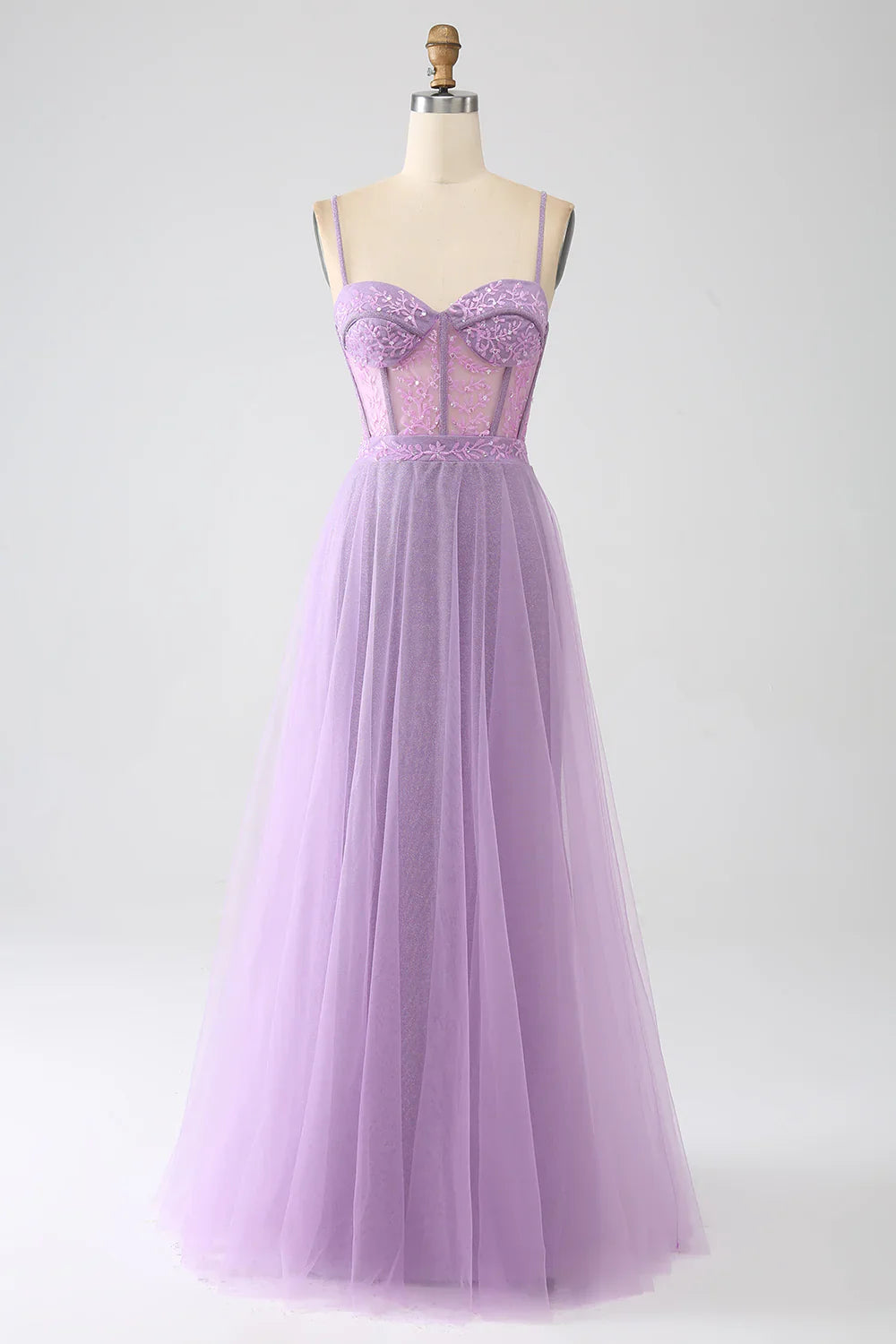 DingJiDress A-Line Lilac Spaghetti Straps Long Corset Prom Dress