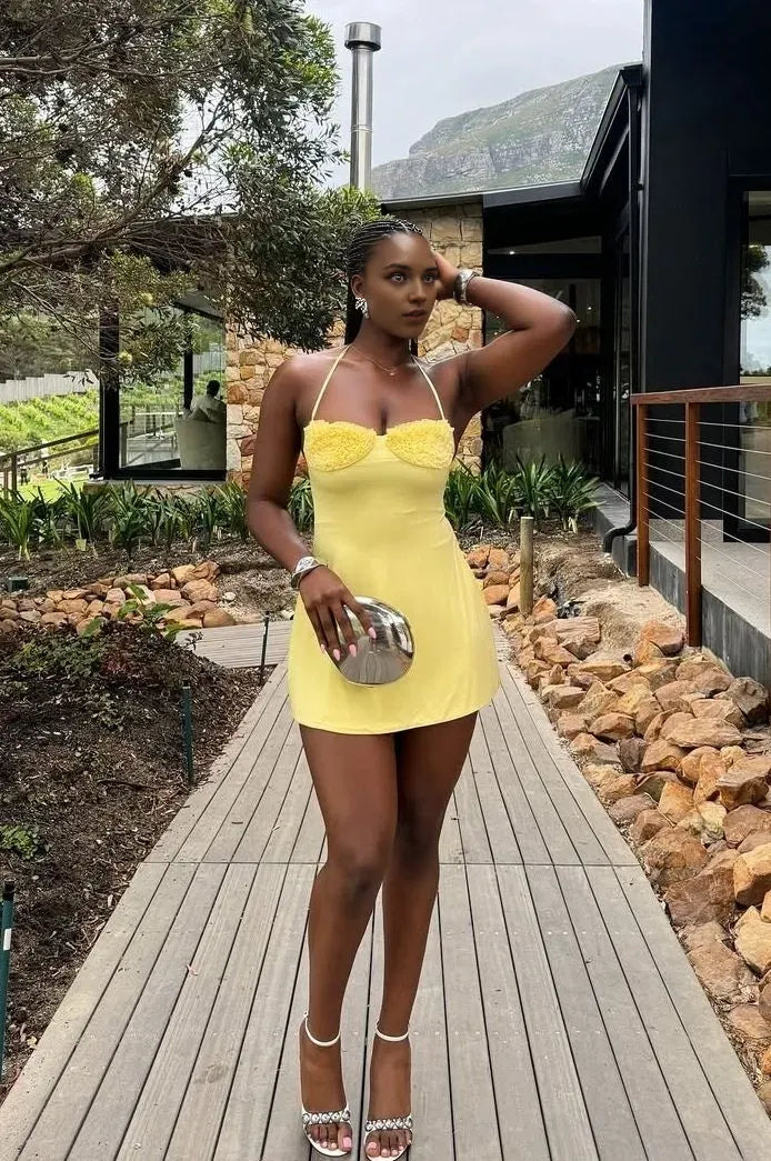 Yellow A line Halter Satin Short Homecoming Dress 19th Birthday Outfits