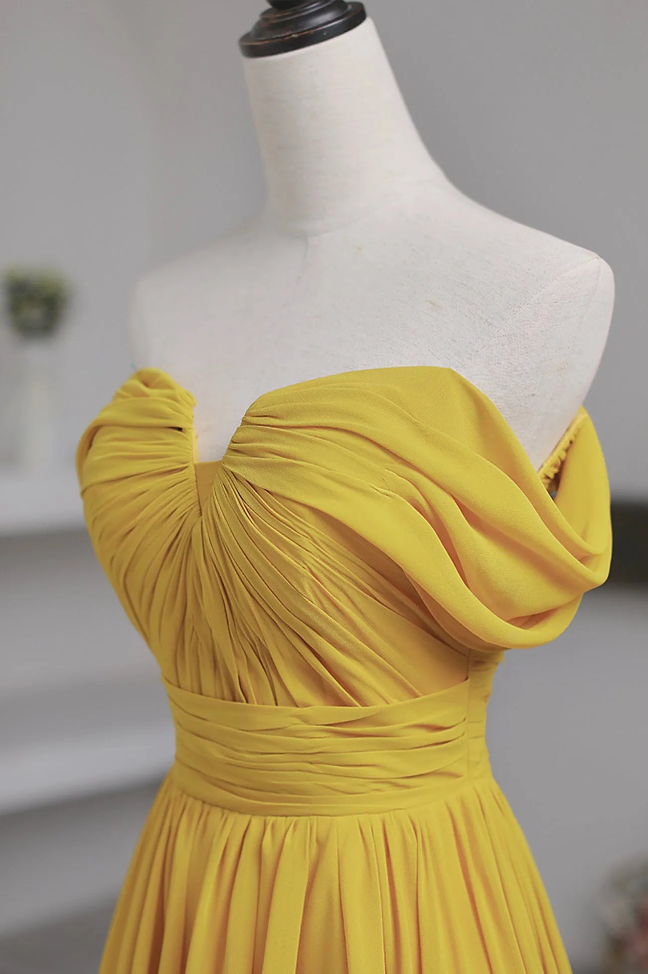 Yellow Chiffon Long A-Line Prom Dress Simple Yellow Evening Dress with Slit