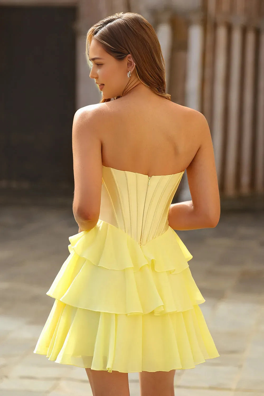 Yellow Corset Sweetheart A Line Short Tiered Homecoming Dress with Ruffles