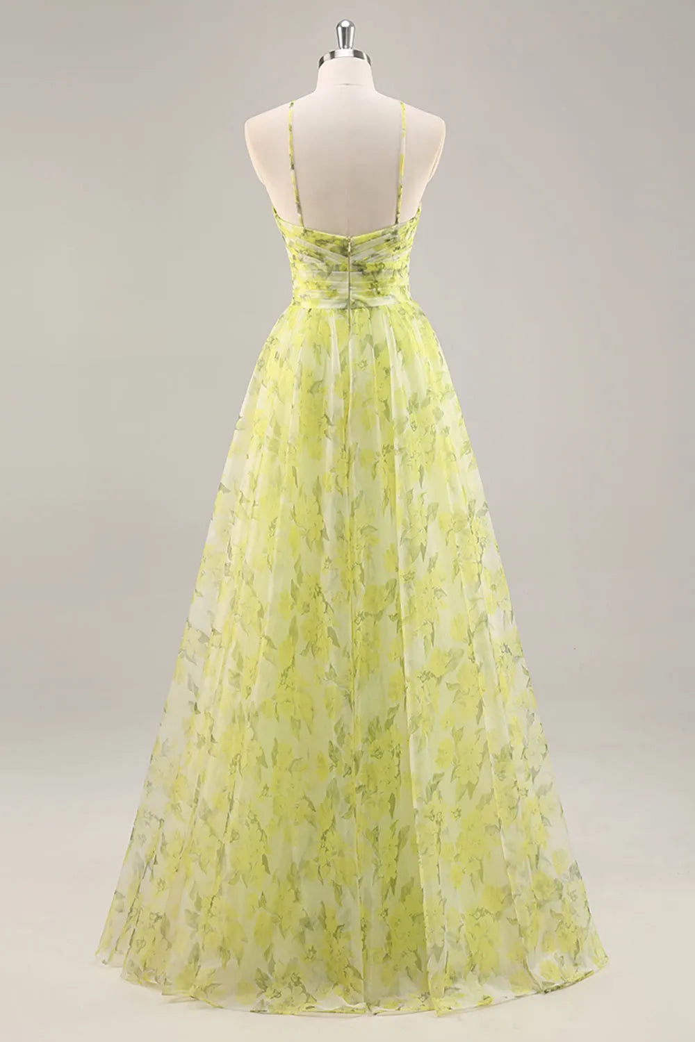 Yellow Green Floral Ruched Tulle Long Prom Dress with Keyhole ﻿