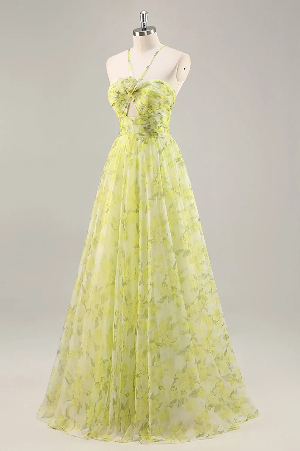 Yellow Green Floral Ruched Tulle Long Prom Dress with Keyhole ﻿