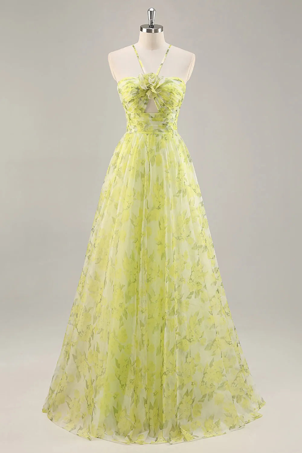 Yellow Green Floral Ruched Tulle Long Prom Dress with Keyhole ﻿