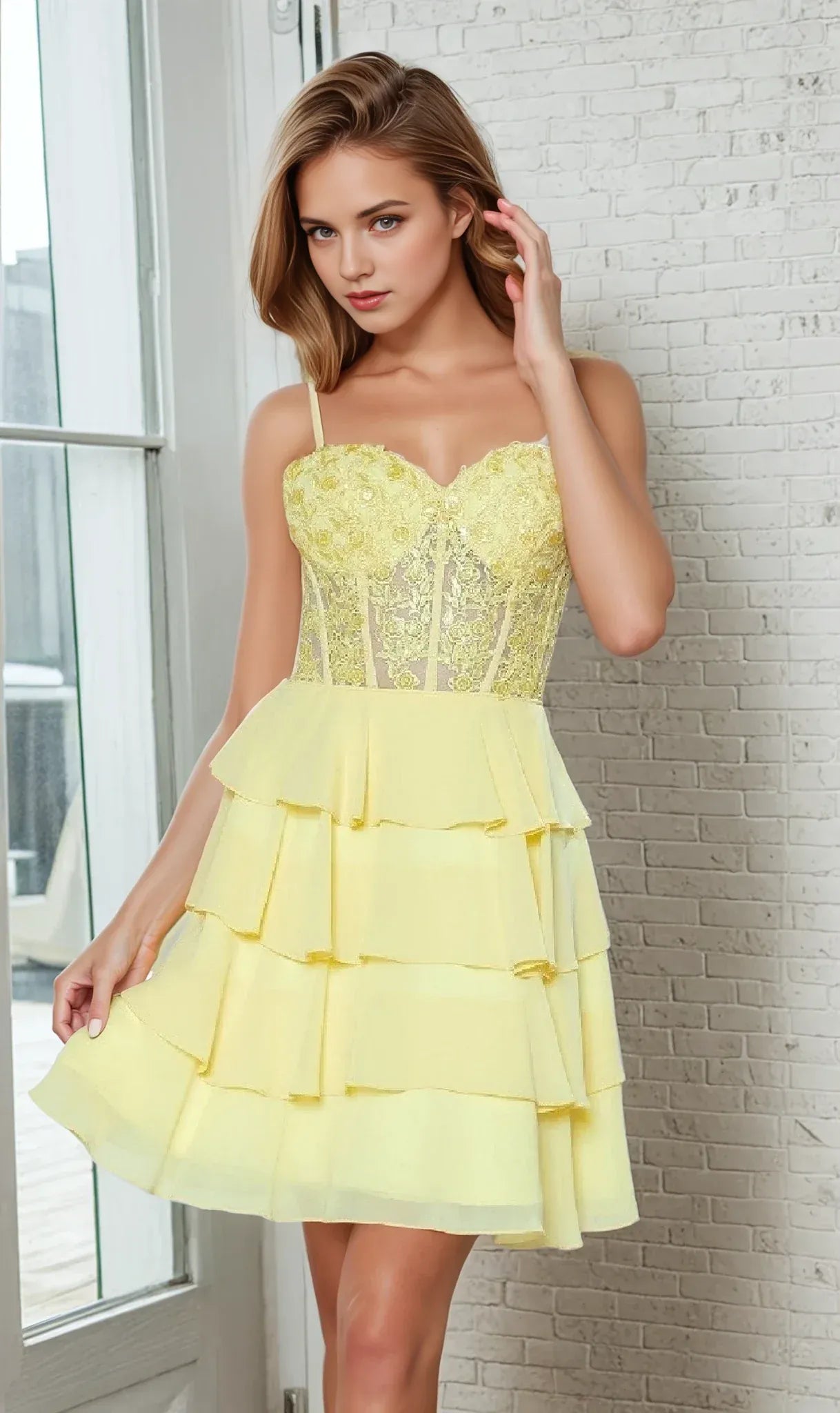 Yellow Lace  Top Homecoming Dress Tiered Skirt Spaghetti Straps for Sweet Gala Style
