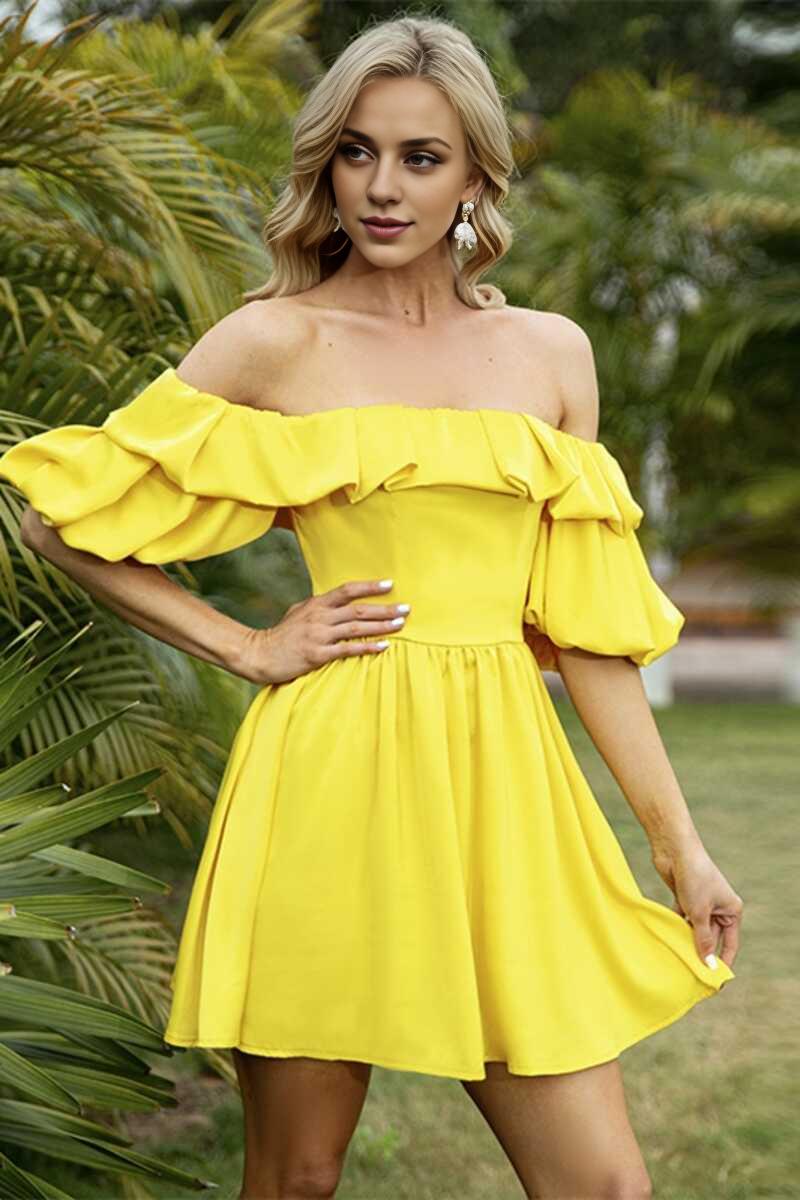 Yellow Off-the-Shoulder Puff Sleeve Ruffled Short Party Dress