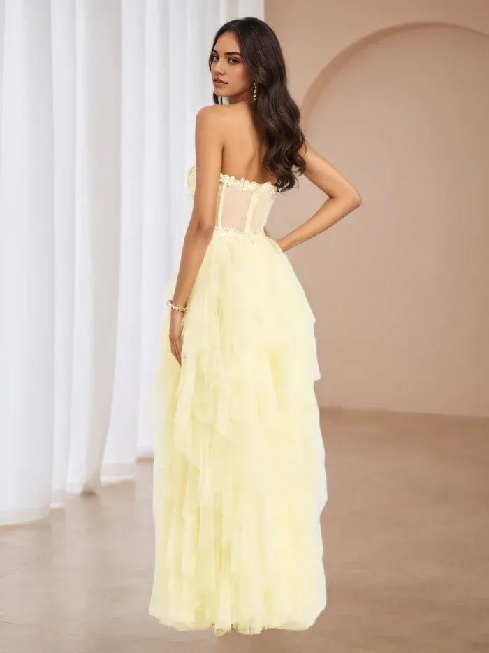 Yellow Prom Perfection Strapless Lace Bodice  Tiered Tulle Skirt for Enchanting Evenings