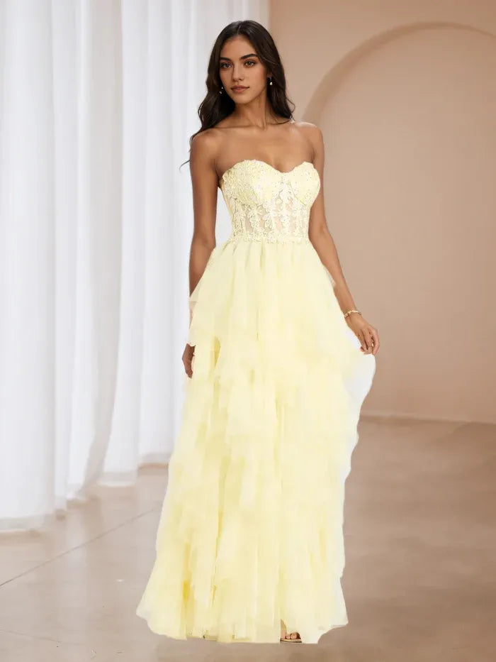 Yellow Prom Perfection Strapless Lace Bodice  Tiered Tulle Skirt for Enchanting Evenings