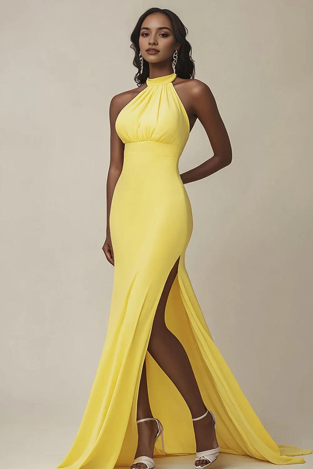 Yellow Satin Halter Mermaid Long Evening Dress with Slit