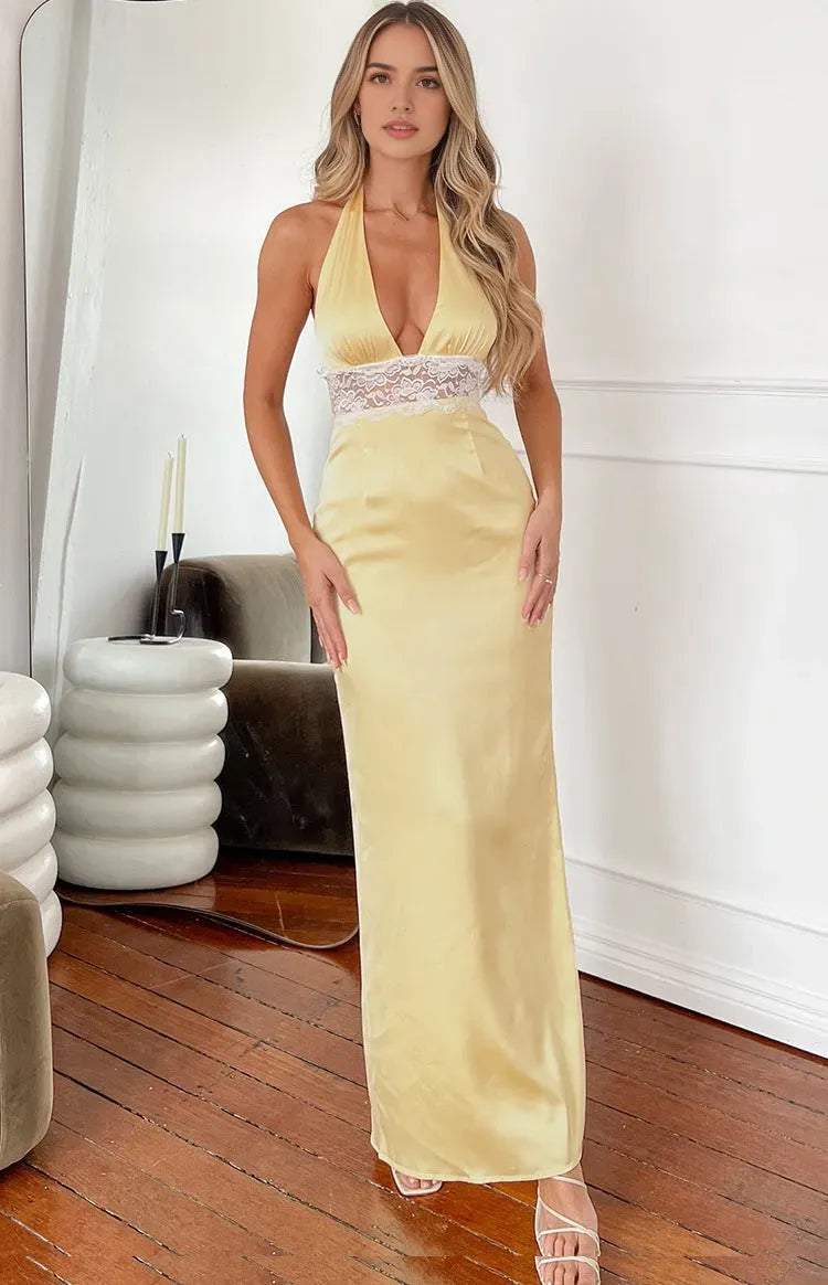 Yellow Satin Halter Neck Prom Dress with Deep V - Neckline and Delicate Lace Waistband for Formal Galas