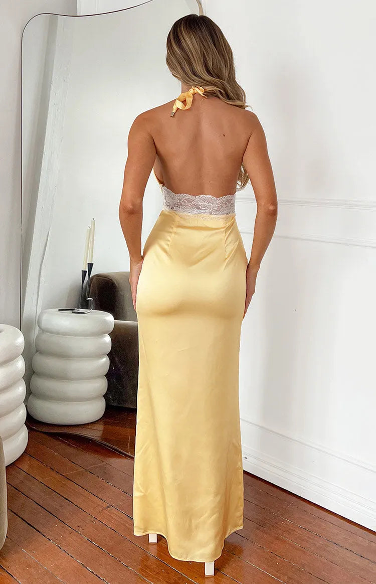 Yellow Satin Halter Neck Prom Dress with Deep V - Neckline and Delicate Lace Waistband for Formal Galas