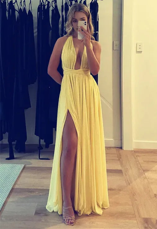 Yellow Slit Evening Party Dress Long Chiffon Prom Dress