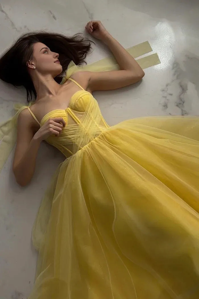 Yellow Tulle Long A-Line Evening Dress Cute Spaghetti Strap Prom Dress