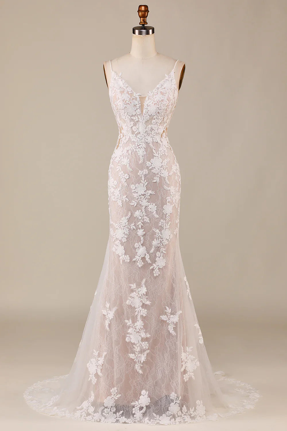 DingJiDress Charming Mermaid Spaghetti Straps Ivory Long Bridal Dress with Lace