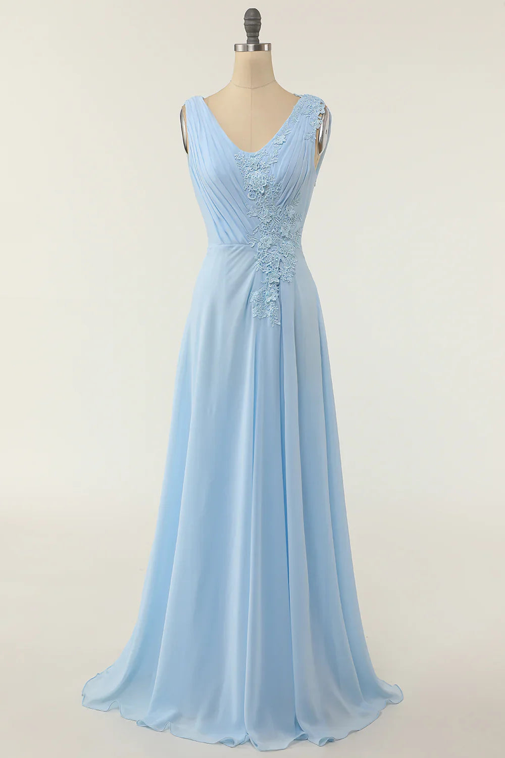 DingJiDress V-neck Blue Bridesmaid Dress with Ruffle
