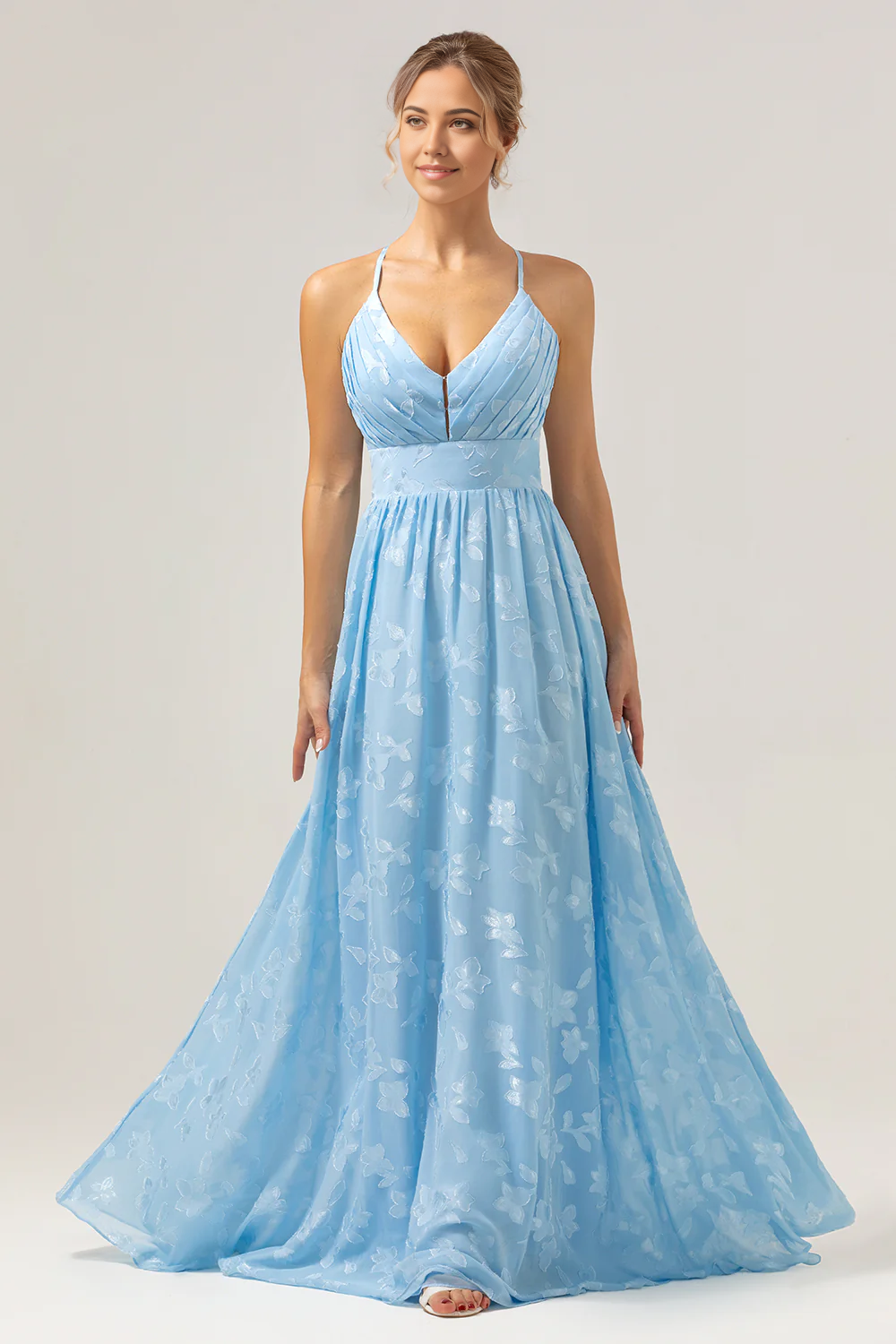 DingJiDress Light Blue Bridesmaid Dress A Line V-Neck Pleated Long Embroidered  Wedding Guest Dresses