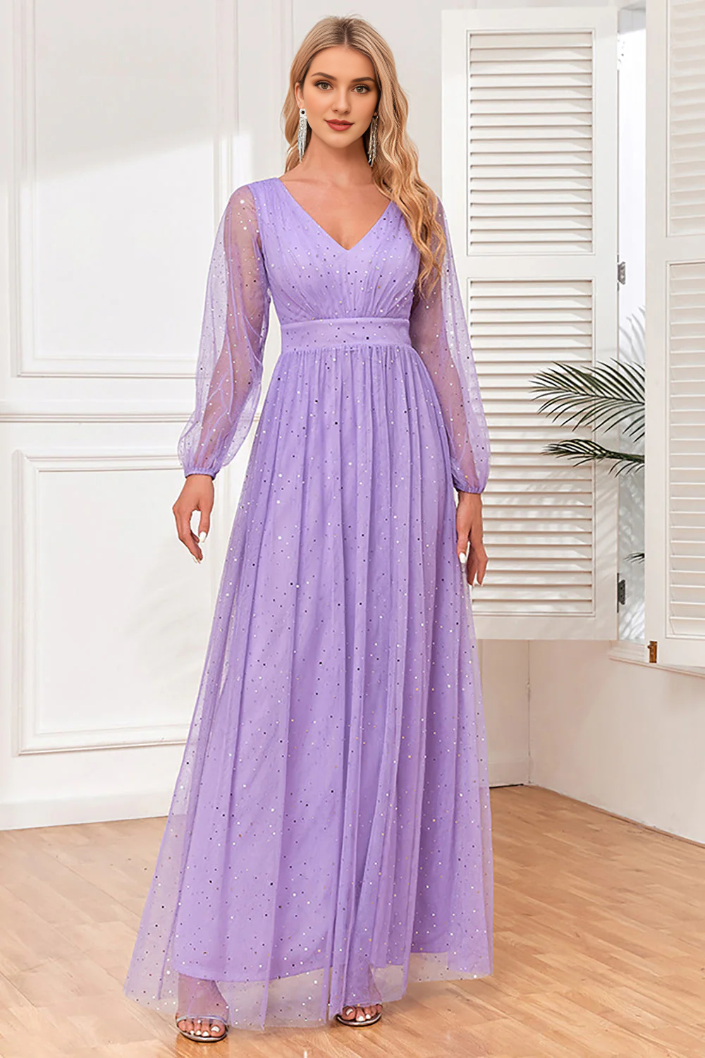 DingJiDress Lilac Prom Dresses A-Line Long Sleeves Long Formal Dress with Slit  Wedding Guest Dresses