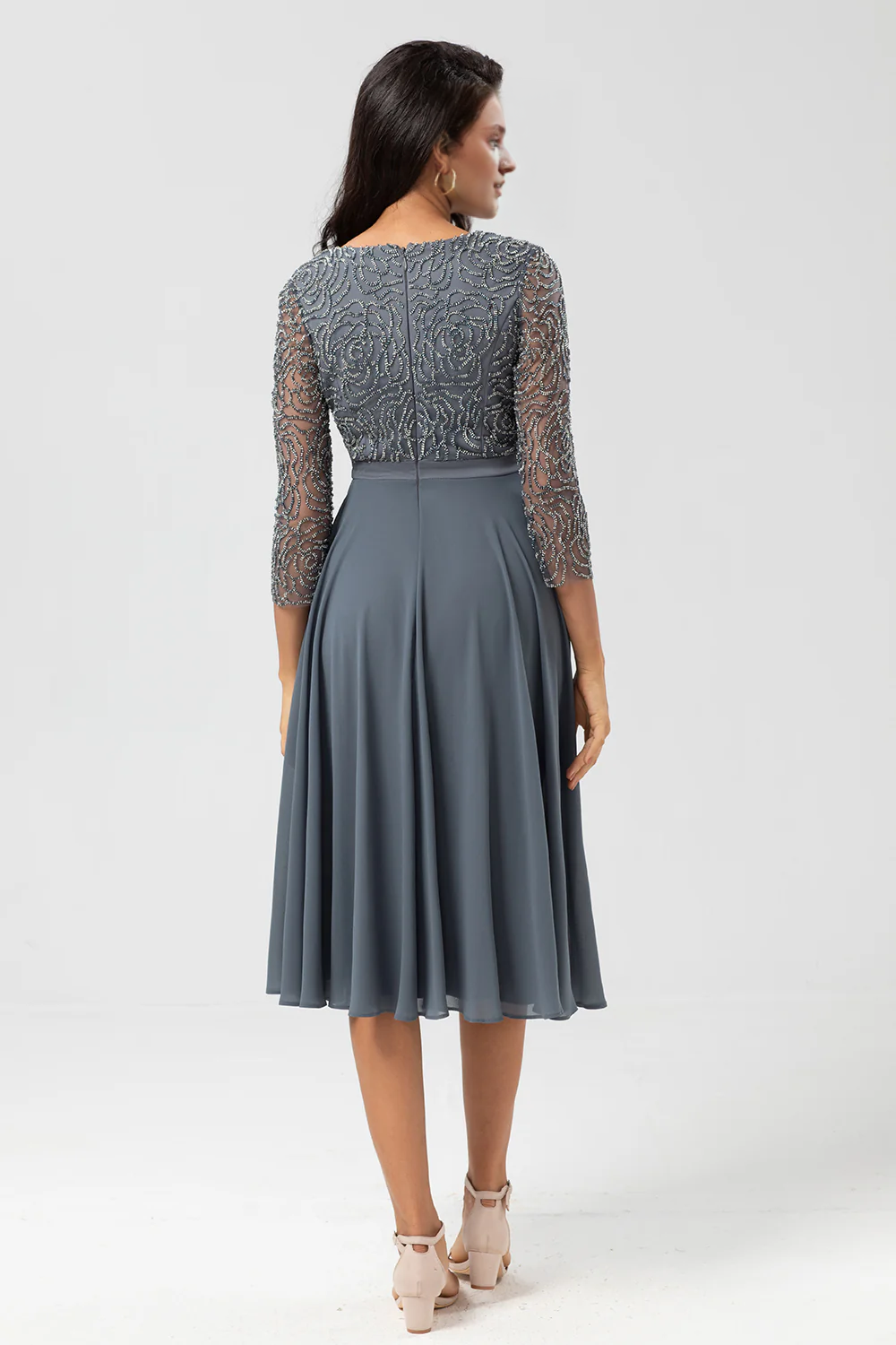 DingJiDress Elegant A Line Twilight Prom Dresses V-Neck Beaded Long Sleeves Embroidered Chiffon Eucalyptus Bridesmaid Dress