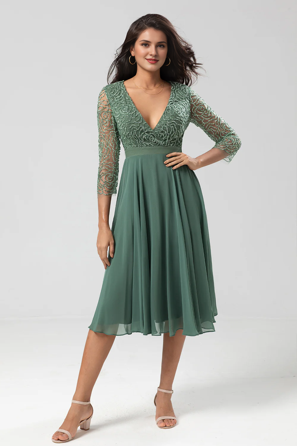 DingJiDress Elegant A Line Twilight Prom Dresses V-Neck Beaded Long Sleeves Embroidered Chiffon Eucalyptus Bridesmaid Dress