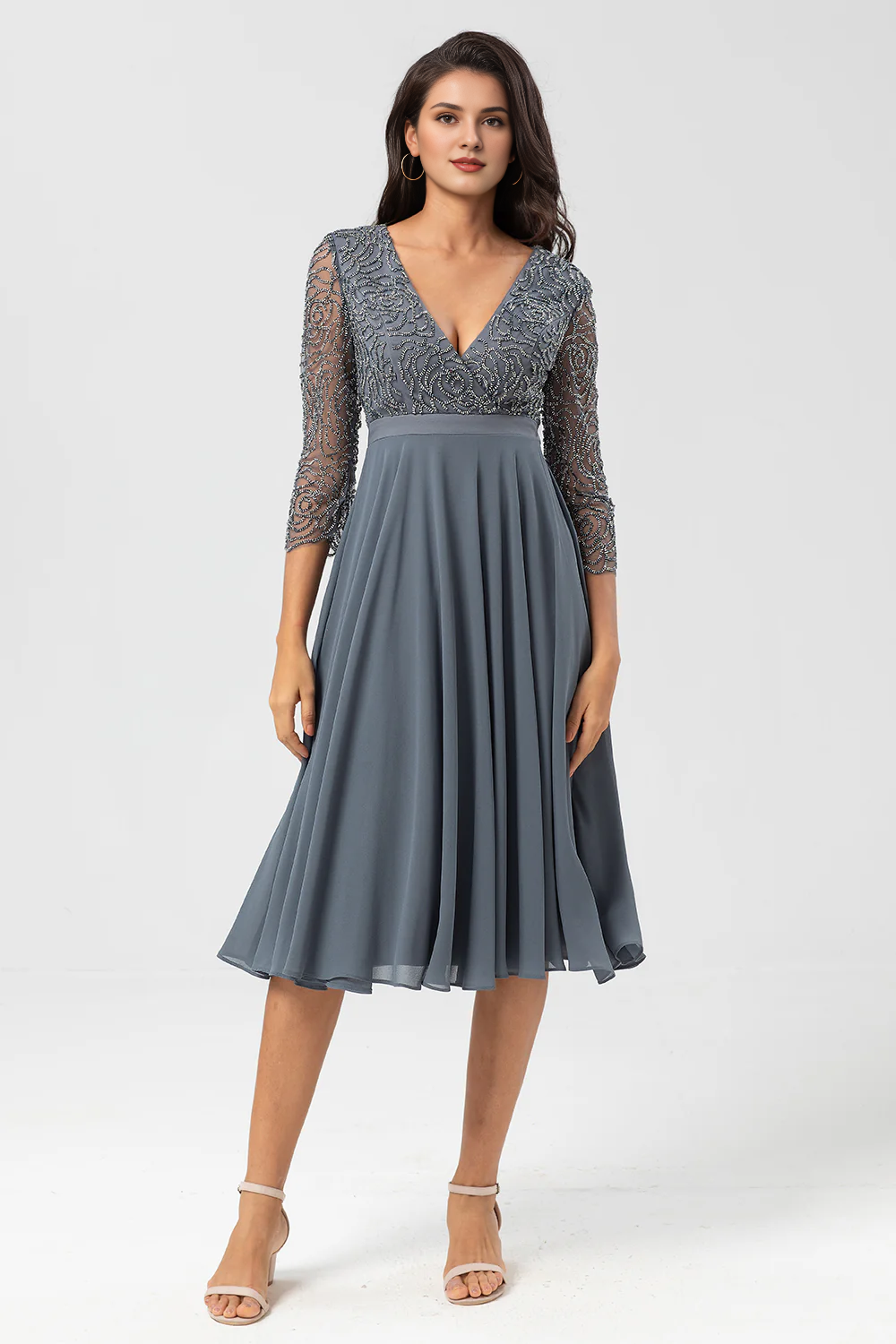 DingJiDress Elegant A Line Twilight Prom Dresses V-Neck Beaded Long Sleeves Embroidered Chiffon Eucalyptus Bridesmaid Dress