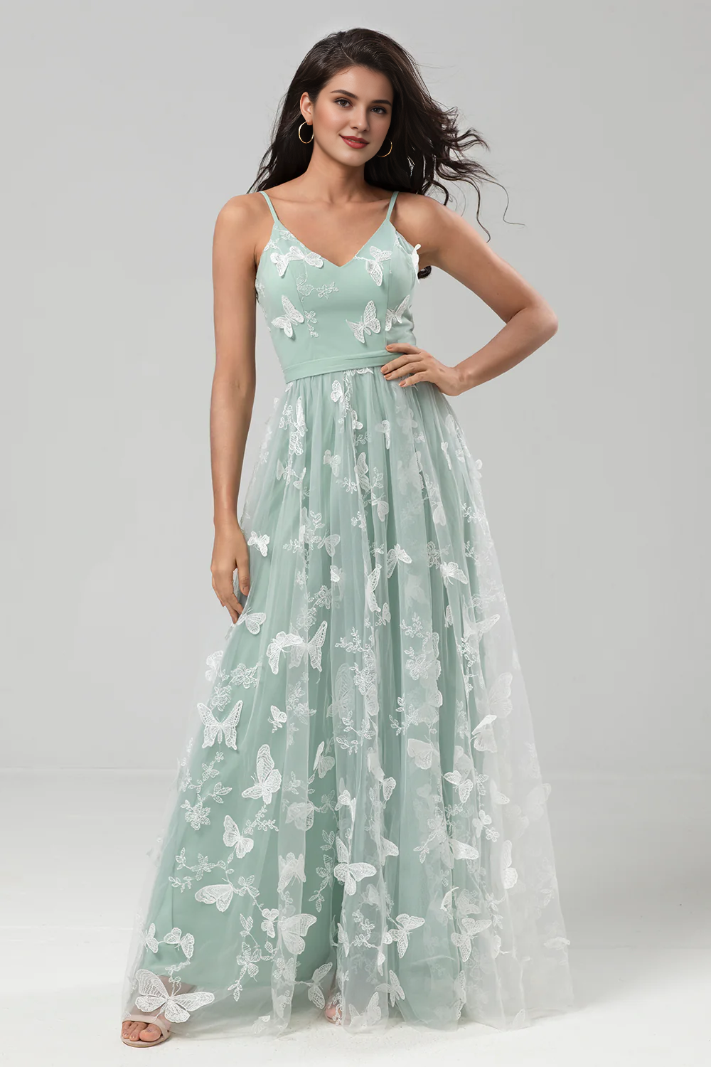 DingJiDress Elegant Matcha A Line Prom Dresses Spaghetti Straps Matcha Long Prom Dresses with 3D Butterfly Embroidery