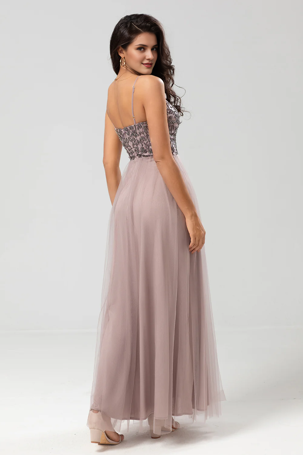 DingJiDress Elegant A-Line Spaghetti Straps Beaded Tulle Dusty Pink Prom Dresses