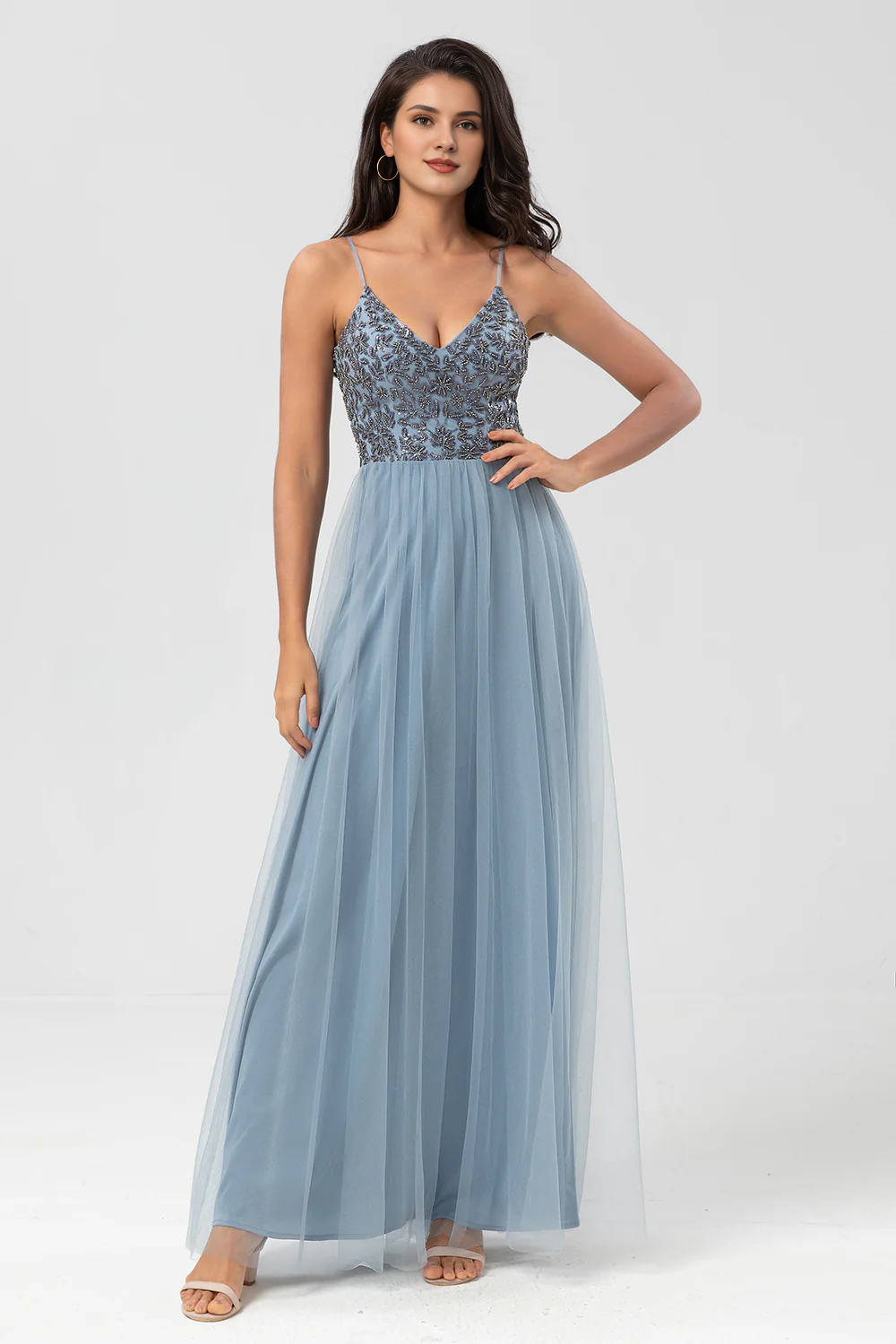 DingJiDress Elegant A-Line Spaghetti Straps Beaded Tulle Dusty Pink Prom Dresses