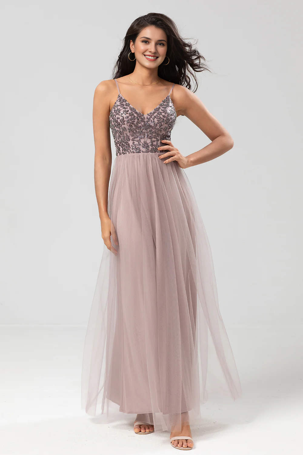 DingJiDress Elegant A-Line Spaghetti Straps Beaded Tulle Dusty Pink Prom Dresses