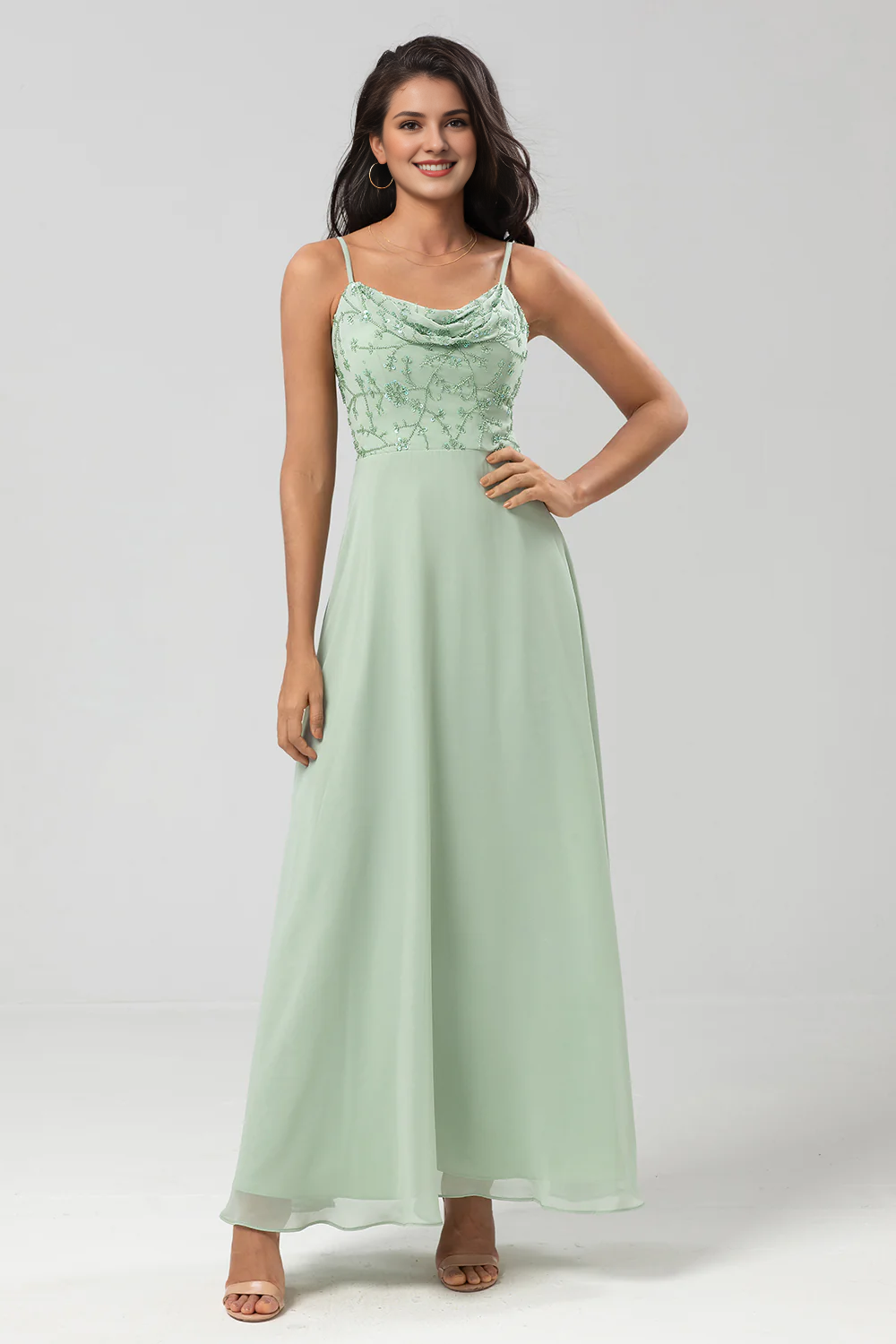 DingJiDress Elegant A-Line Prom Dresses Spaghetti Straps Chiffon Bridesmaid Dress With Beading