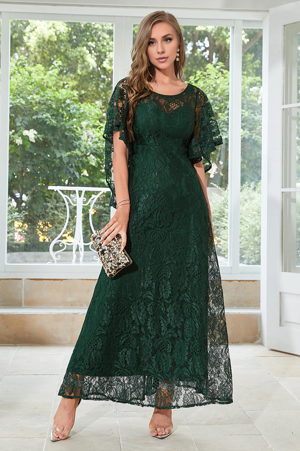 DingJiDress Elegant A Line Mother of The Bride Round Neck Floor Length Lace Fashion Dusty Rose Evening Dress