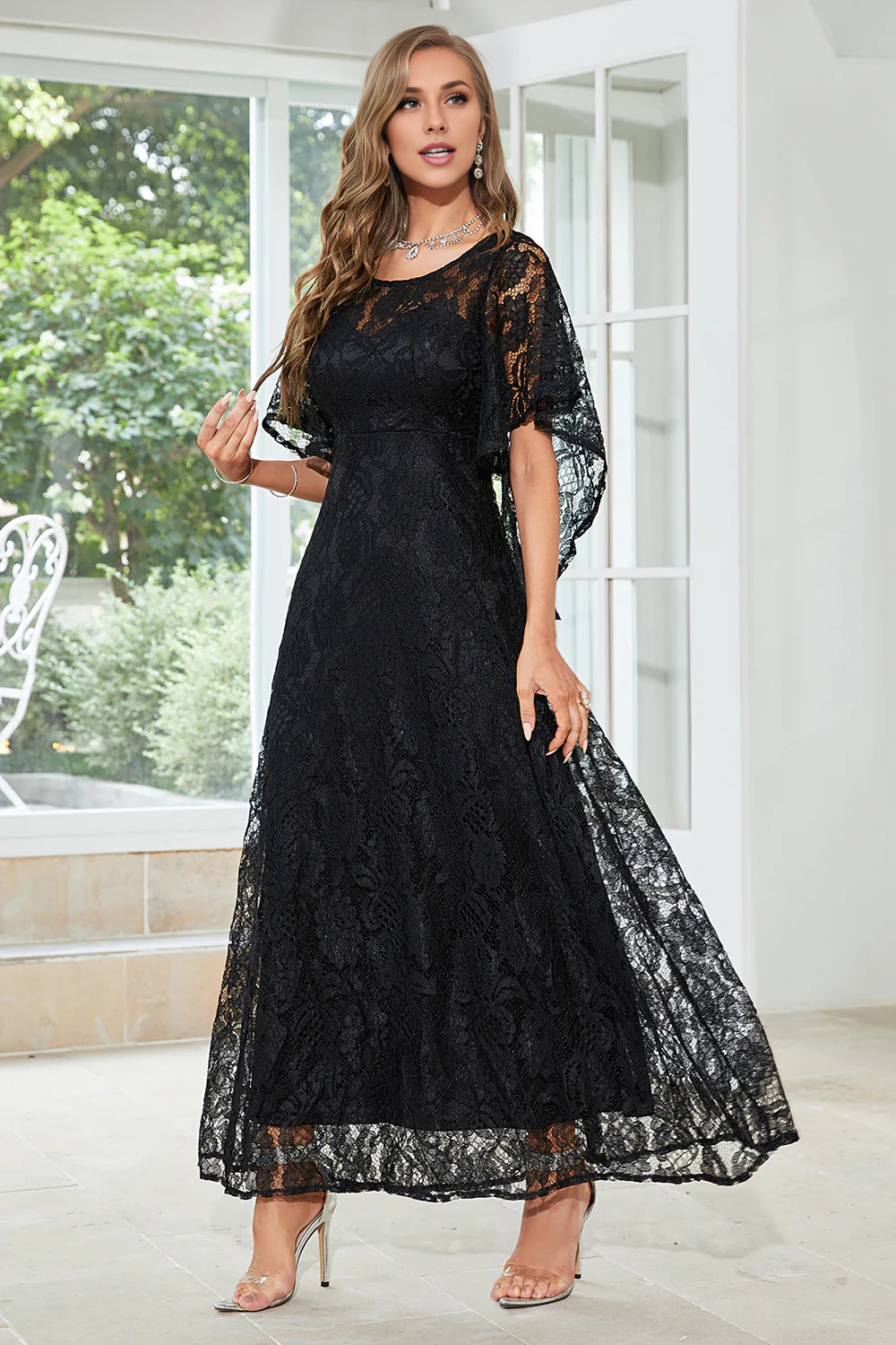 DingJiDress Elegant A Line Mother of The Bride Round Neck Floor Length Lace Fashion Dusty Rose Evening Dress