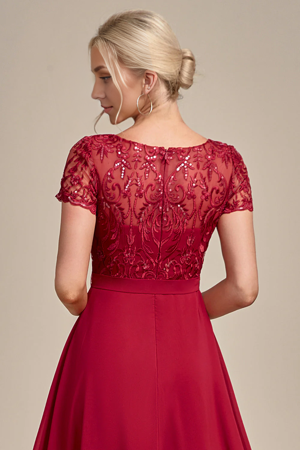 DingJiDress Elegant Sparkly Burgundy Asymmetrical Sequin Mother of Bride Dress with Appliques