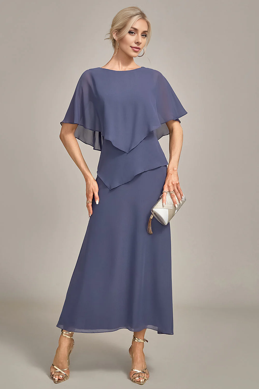 DingJiDress Elegant Stormy Sheath Scoop Tea-Length Chiffon Mother of the Bride Dress