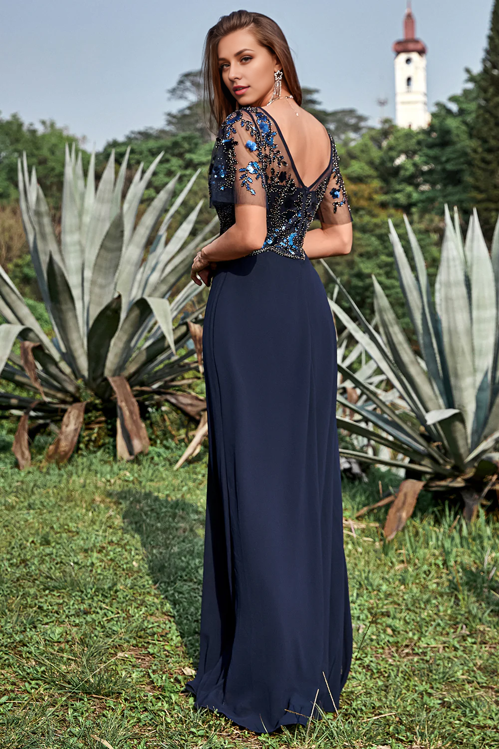 DingJiDress Fashion Navy Mother of The Bride Sheath Round Neck Appliques Sequin Floor Length Dress