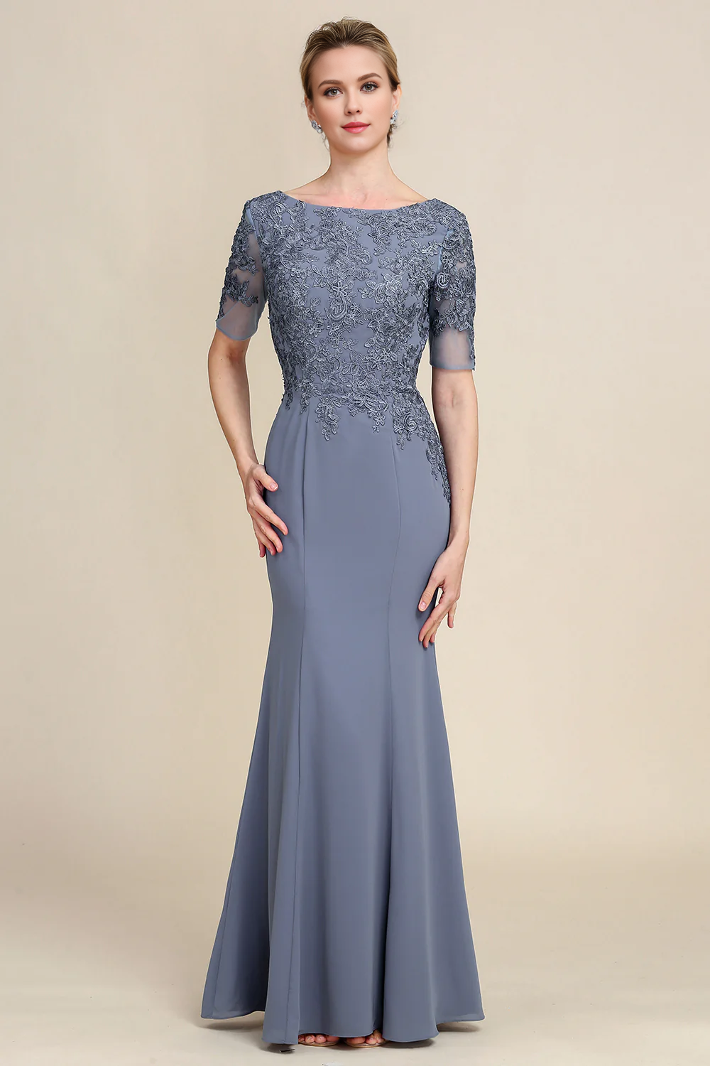 DingJiDress Grey Blue Mermaid Floor Length Chiffon Mother of Bride Dress With Appliques