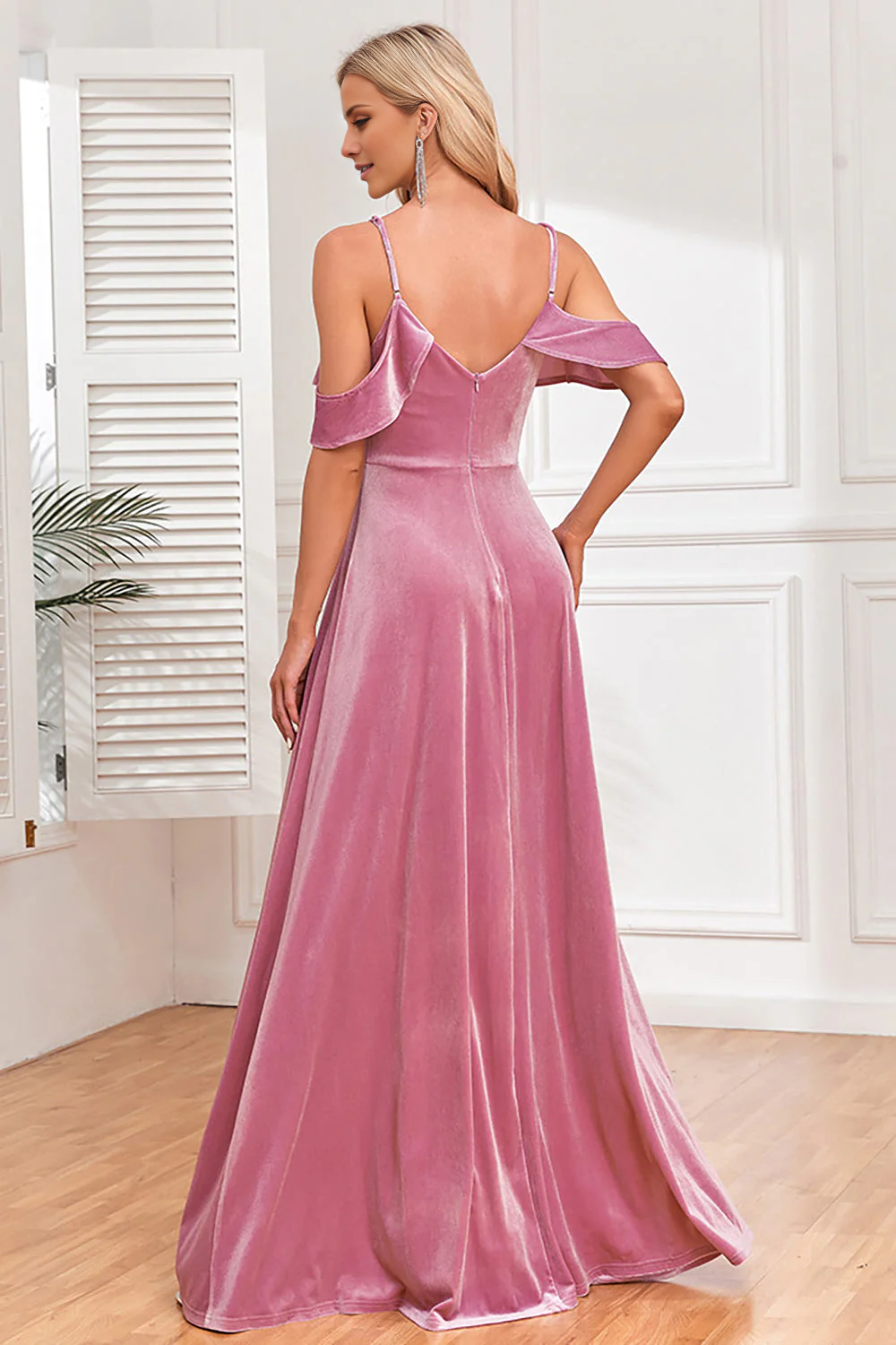 DingJiDress Elegant December Wedding Guest Dress Glitter Dusty Rose Velvet Cold Shoulder Formal Dress with Slit