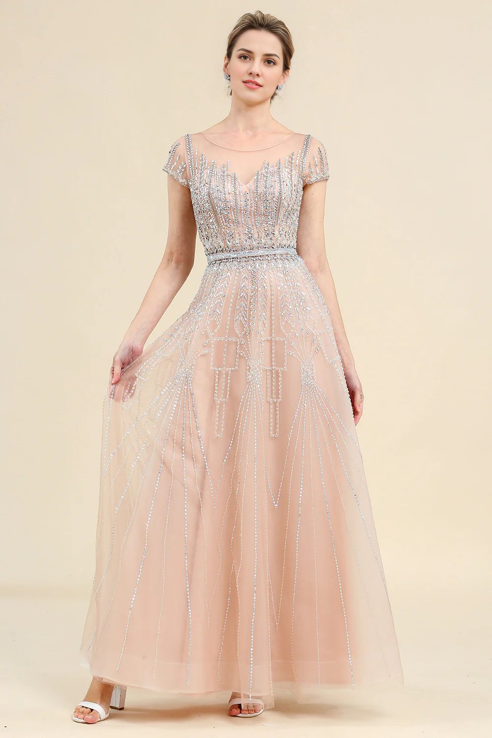 DingJiDress Elegant Mom Of The Bride Dressbride Mother Dress Blush A Line Beaded Mother of Bride Dress With Short Sleeves